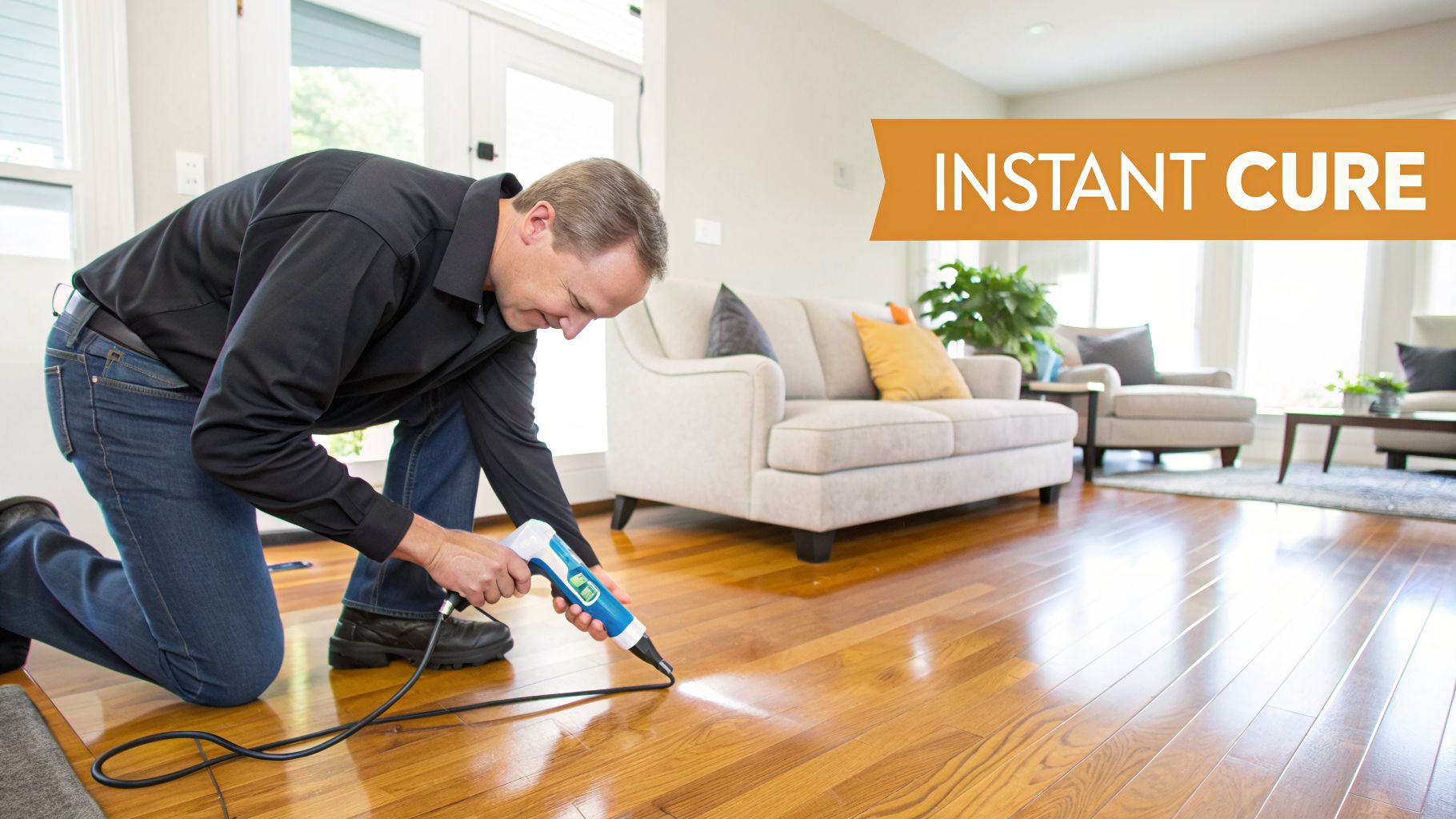 A man kneels on a polished hardwood floor, using a light-emitting tool to cure a finish. The text 'INSTANT CURE' is visible.
