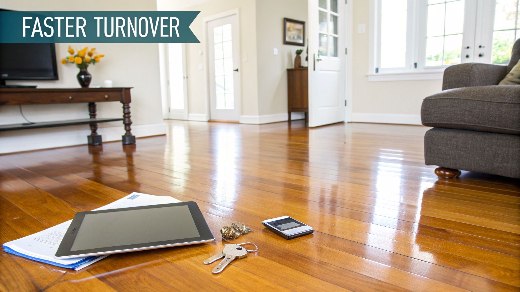 A bright, modern living room with shiny hardwood floors, a tablet, keys, and a phone on the floor.