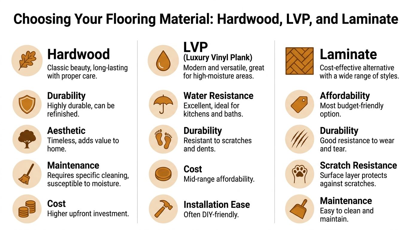 A comparison chart outlining the pros, cons, and features of hardwood, luxury vinyl plank, and laminate flooring.