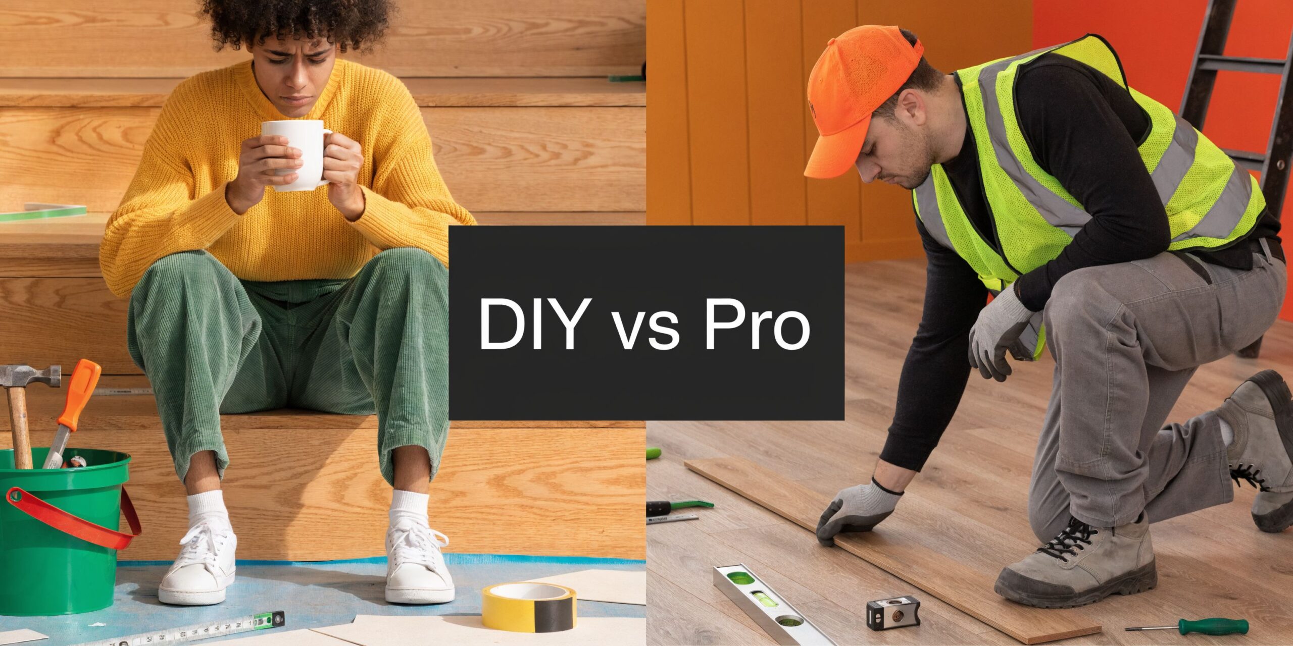 A split image showing a person DIY flooring at home versus a professional contractor installing wood planks.