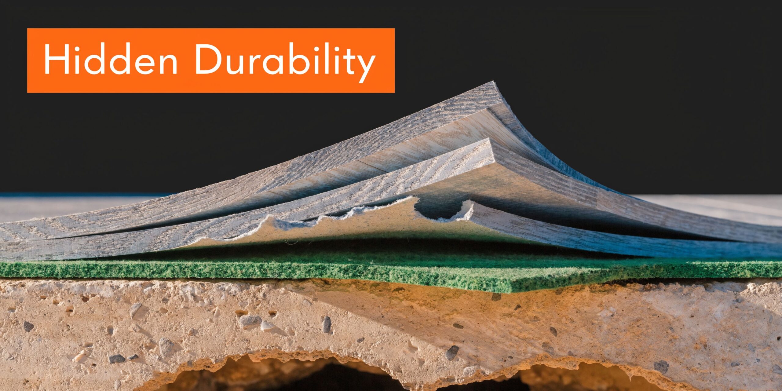 A cross-section view showing multiple layers of professional flooring installed over a concrete base subfloor.
