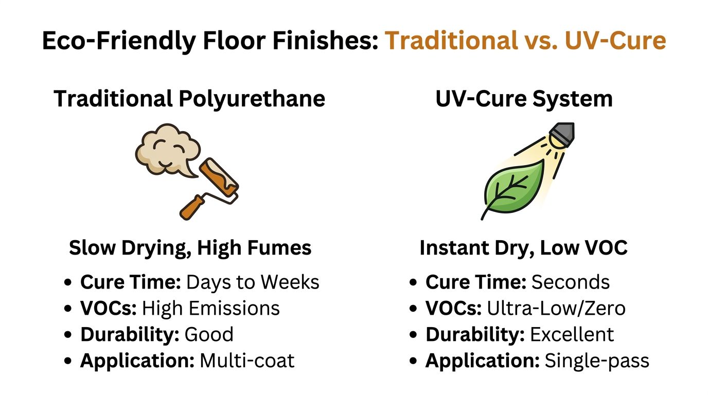 A comparison chart showing traditional polyurethane floor finishes versus eco-friendly UV-cure floor finish systems.