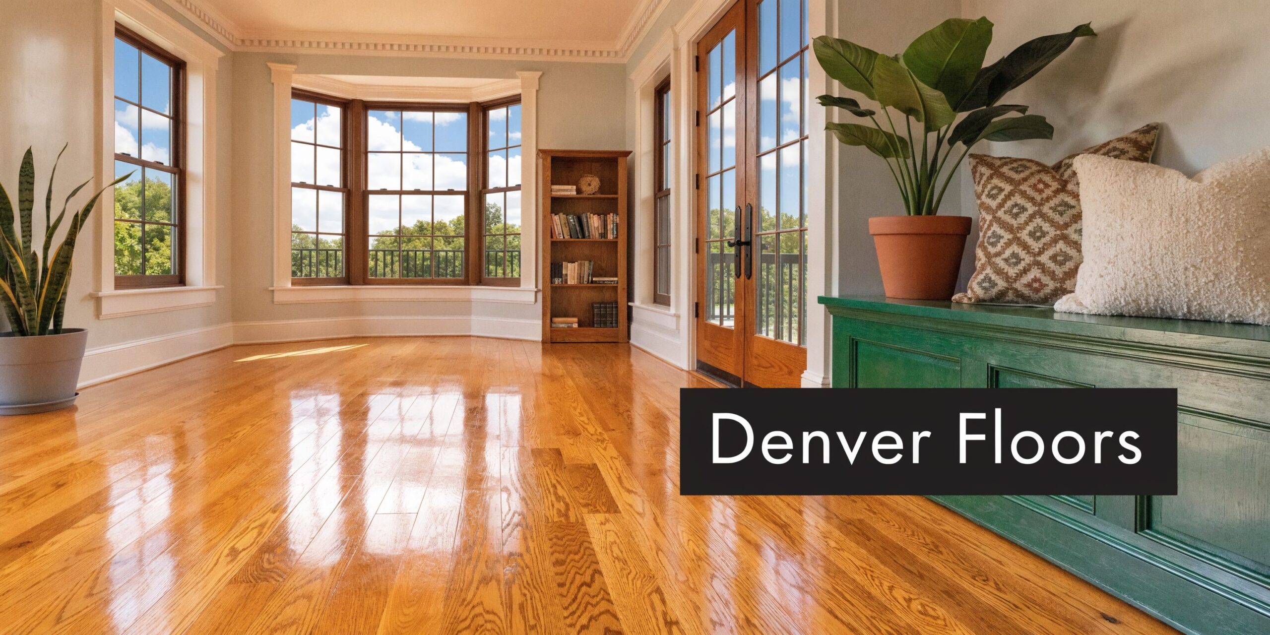 A sunlit room with polished hardwood floors, a bay window, a bookshelf, and a green bench.