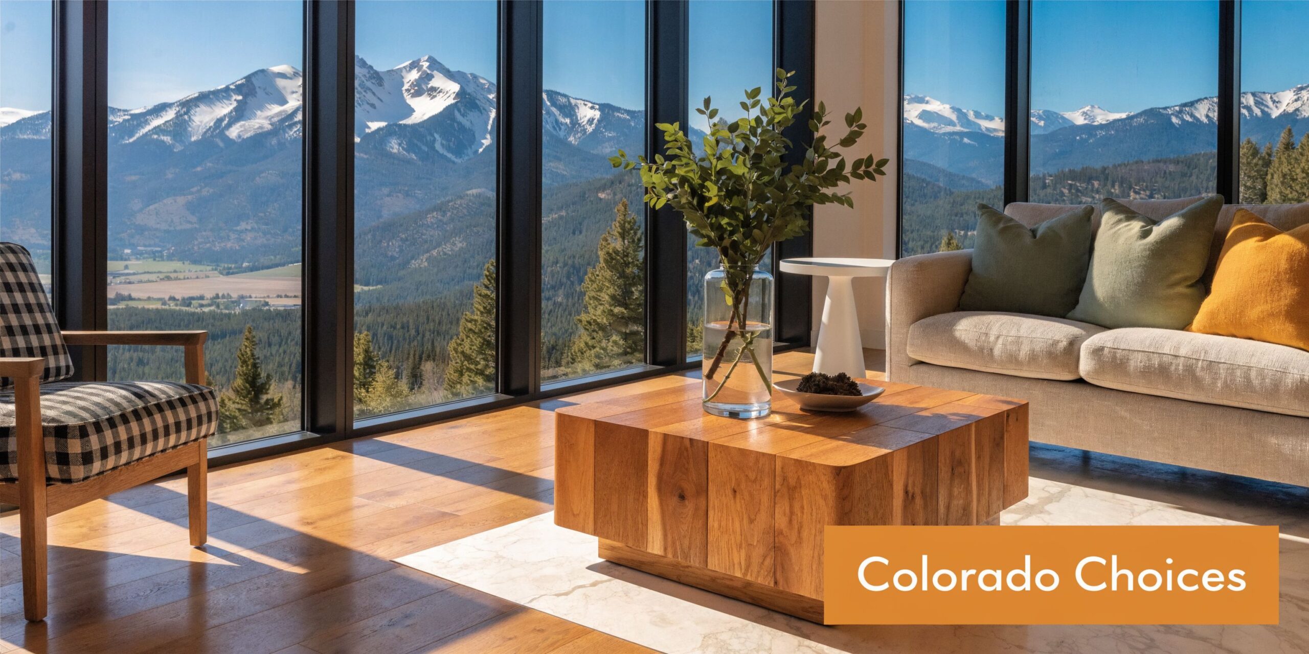 A modern living room with large windows showcasing a stunning view of snowy mountain peaks and forests.