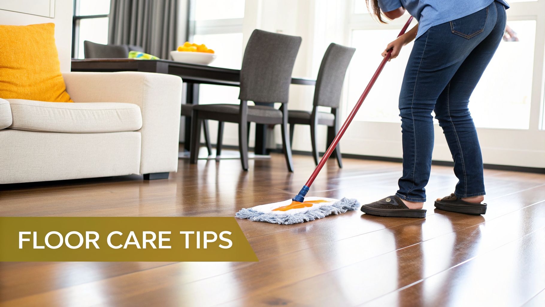 Person mopping a shiny wooden floor in a modern living space with a beige couch.