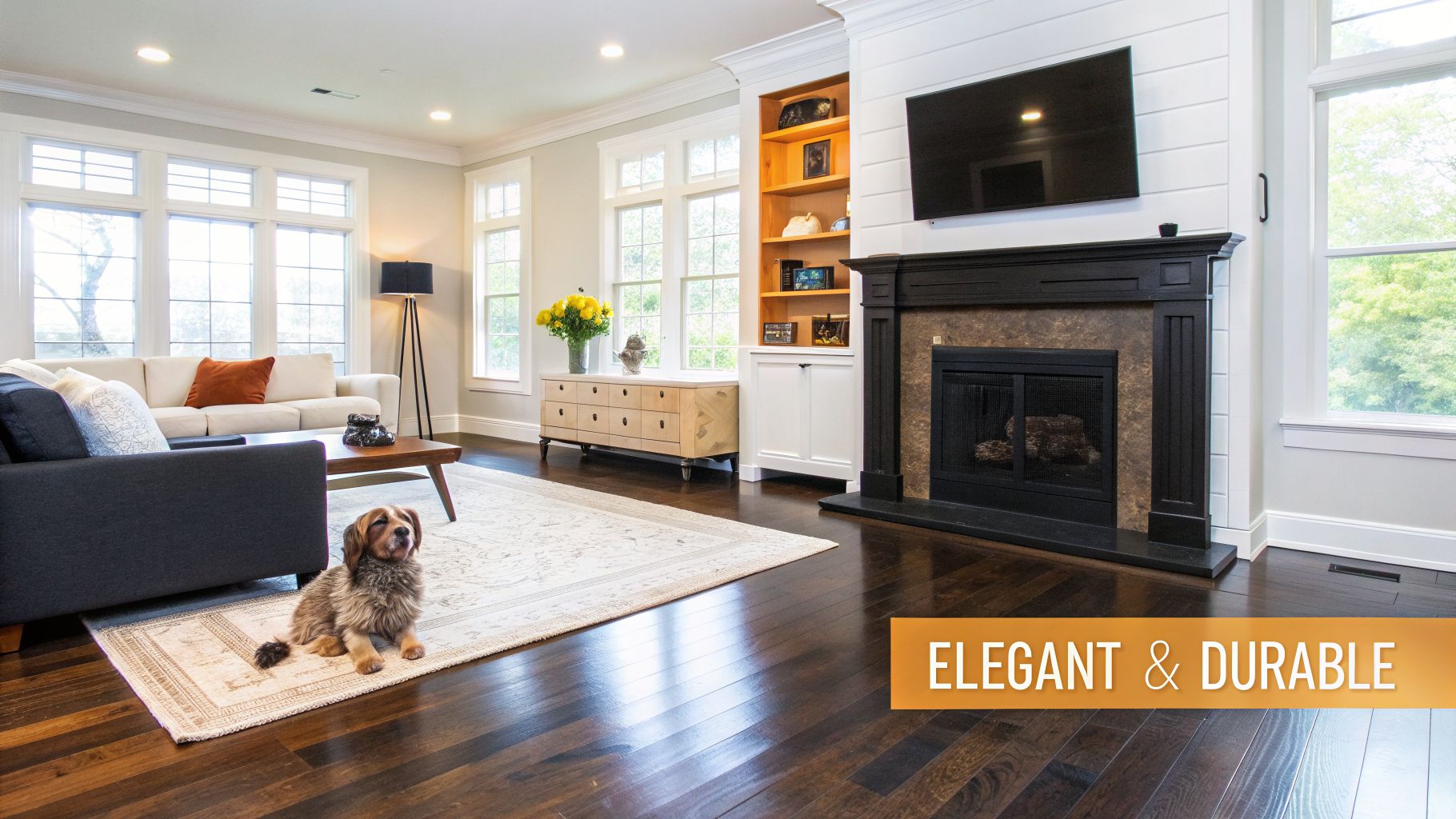 A cozy living room featuring dark hardwood floors, a dog on a rug, a fireplace, and large windows.