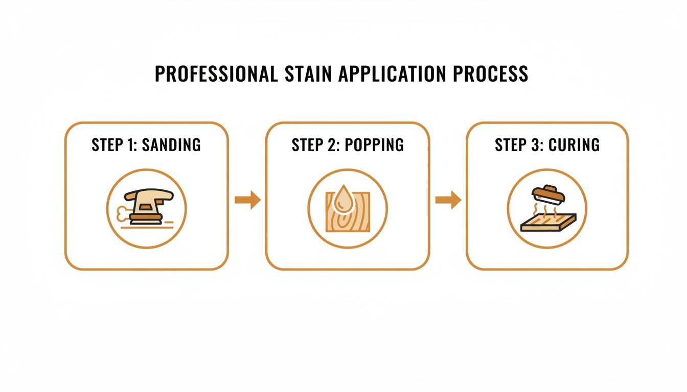 An infographic detailing the professional process for applying wood stain, including sanding, popping, and curing.