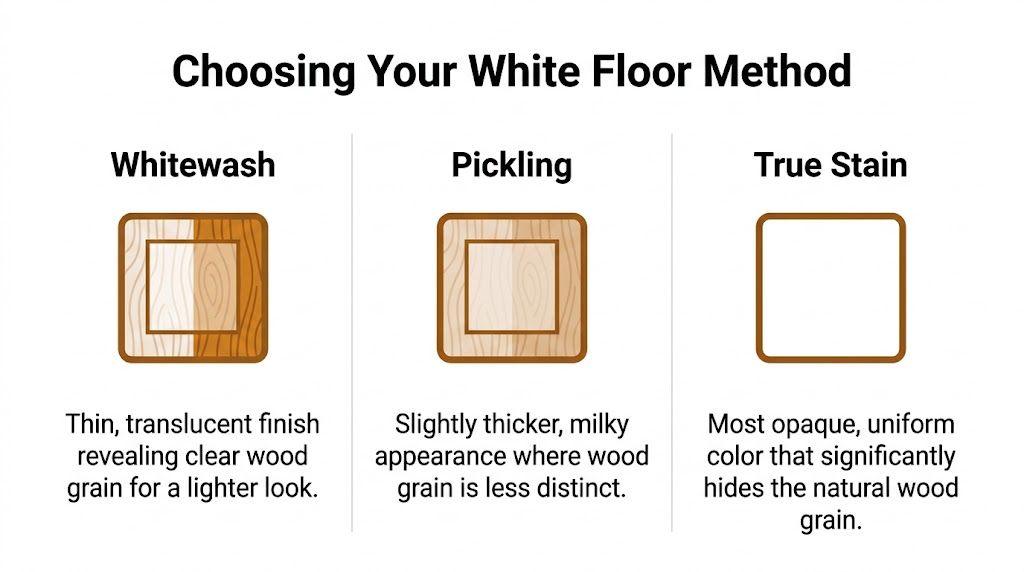 A comparison chart showing three methods for white stained wood floors: Whitewash, Pickling, and True Stain.