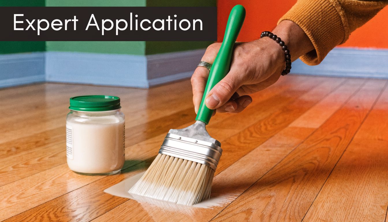 A person's hand using a paintbrush to apply white stain to hardwood flooring in a room.