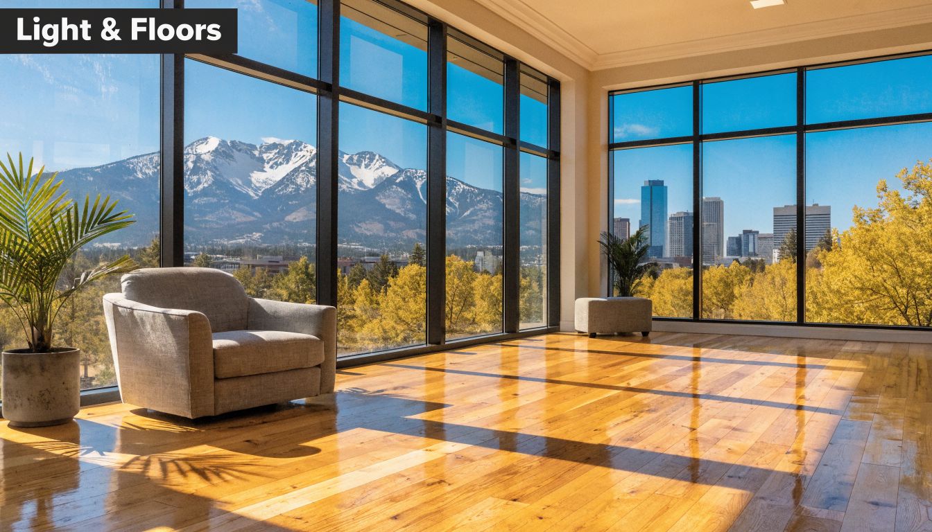 A bright room with polished white stained wood floors featuring a cozy chair and panoramic mountain views.