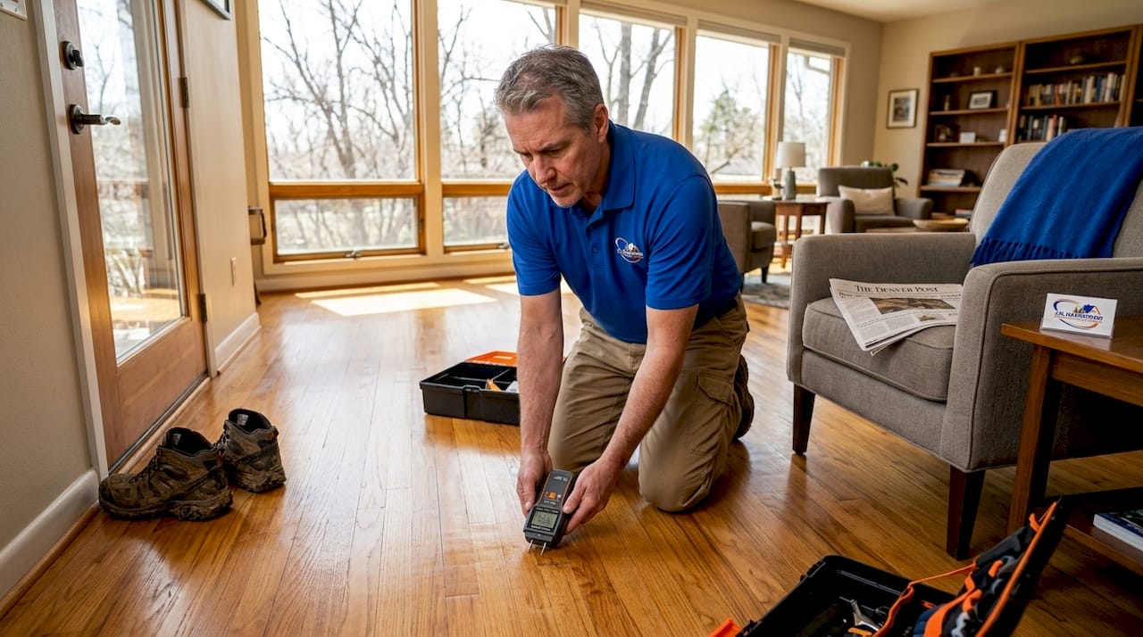 Homeowner checks hardwood for moisture damage