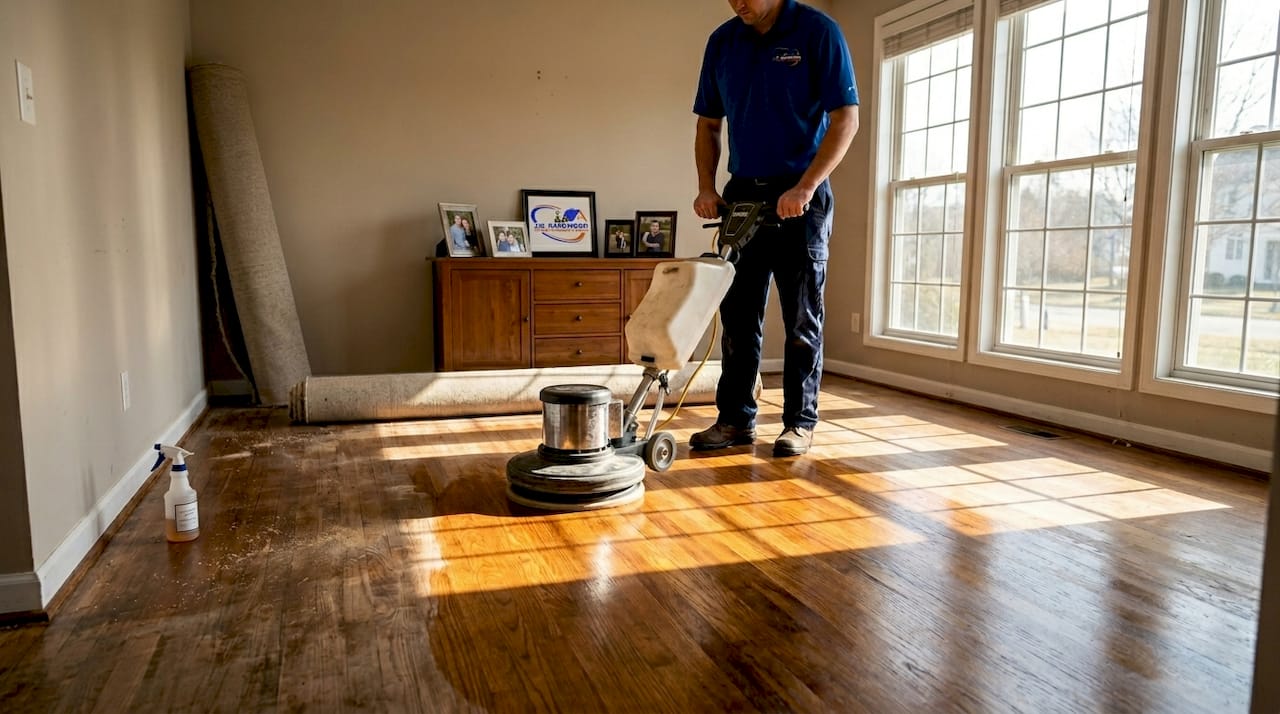 Technician buffing hardwood floors in living room