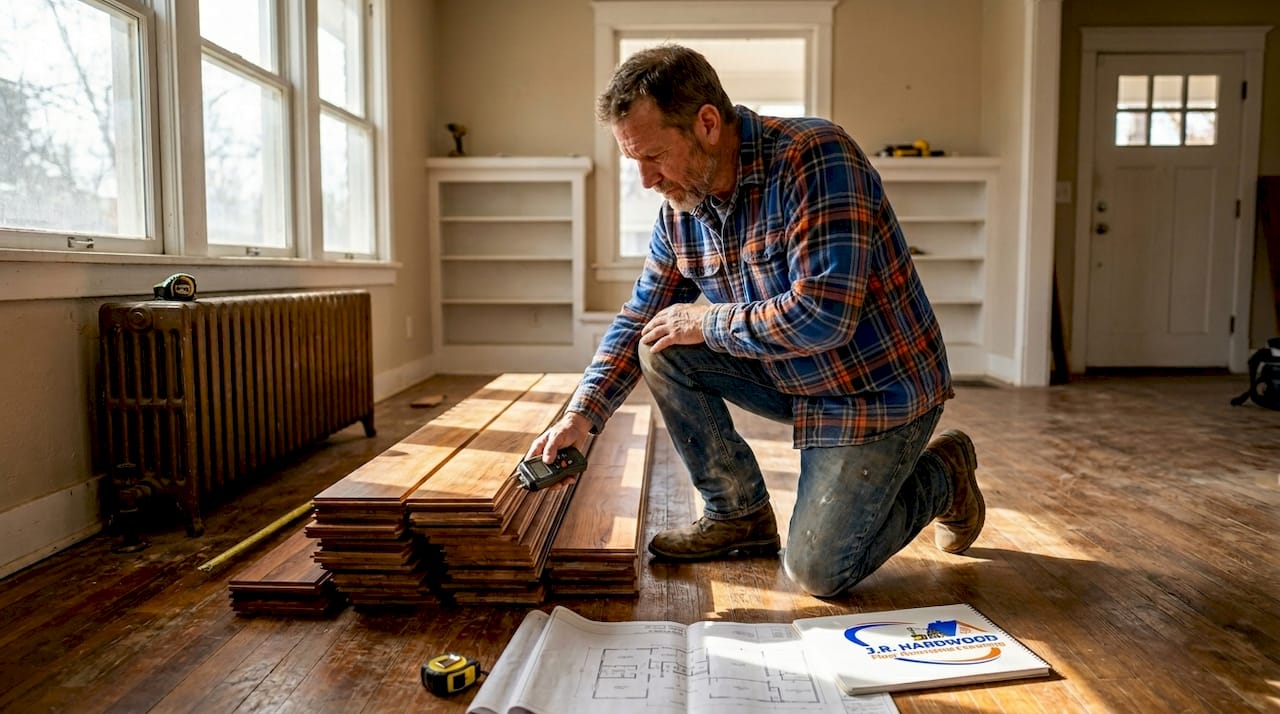 Flooring craftsman checks wood for installation