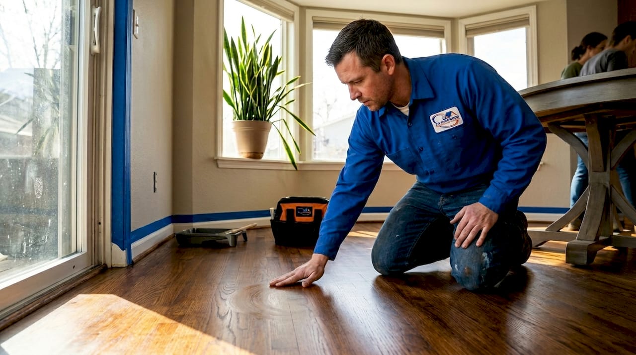 Homeowner inspecting freshly UV-finished hardwood floor