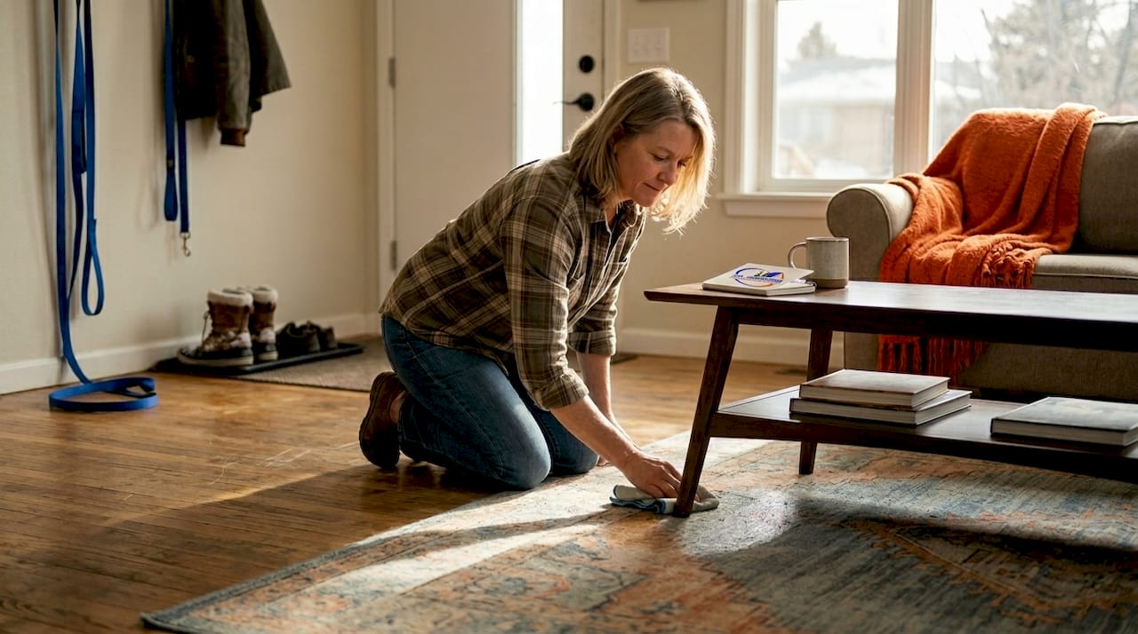 Homeowner dusting hardwood floor in living room