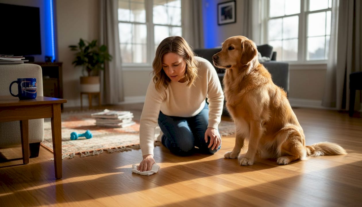 Pet owner cleaning sunlit hardwood floor