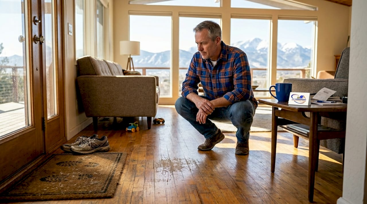 Homeowner inspecting hardwood in Colorado living room