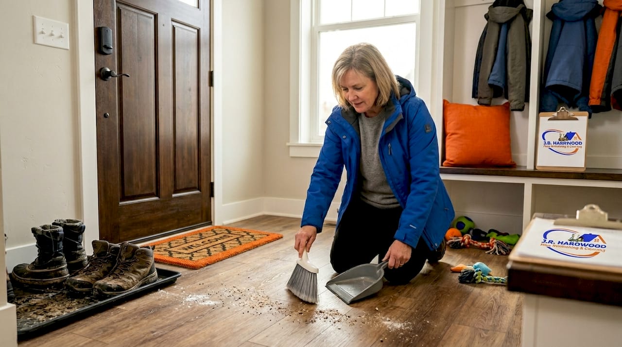 Homeowner sweeping laminate entry floor