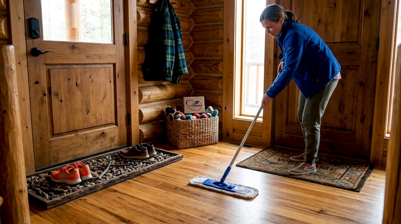 Woman cleaning hardwood floor in bright entryway