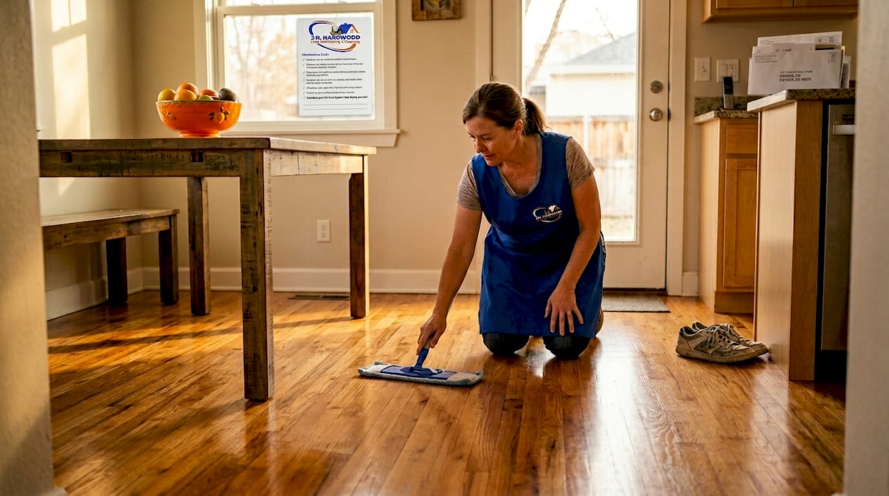 Homeowner cleaning hardwood floor in sunlight