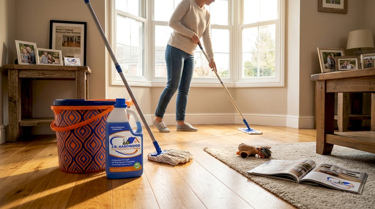 Homeowner mopping hardwood floor in sunlit living room