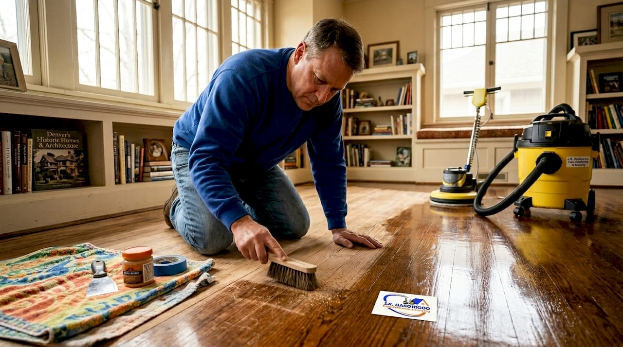 Homeowner restoring hardwood floor in sunlit room