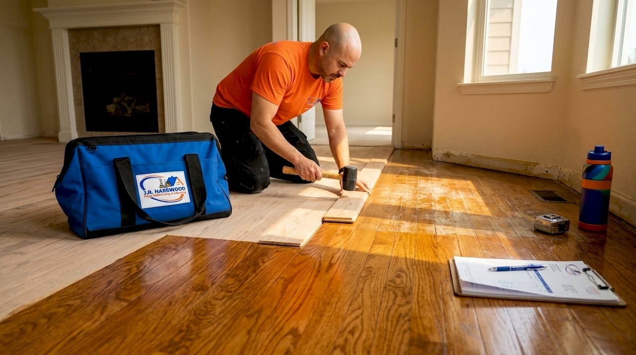 Floor specialist installing oak floor Colorado home