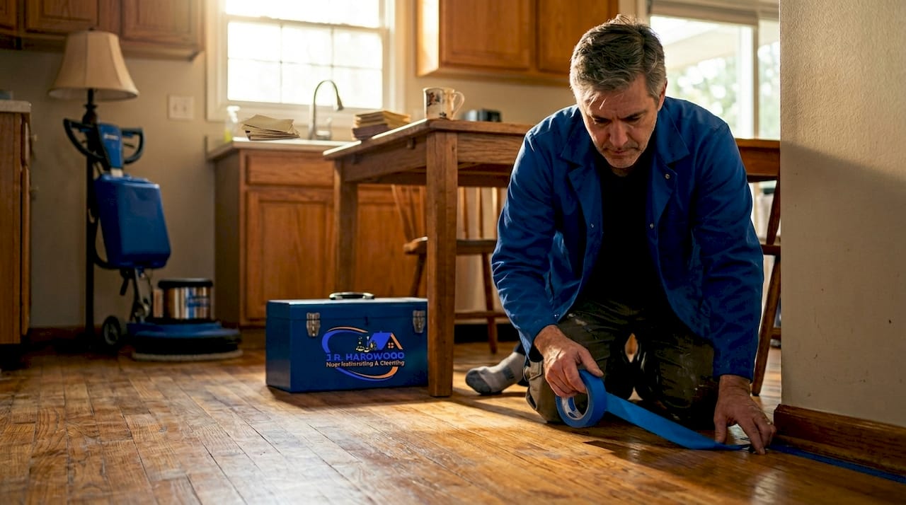 Homeowner prepping hardwood floor for refinishing
