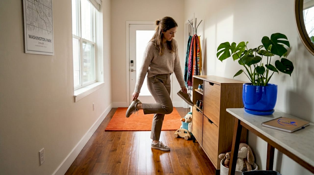 Homeowner removes shoes on hardwood living room floor