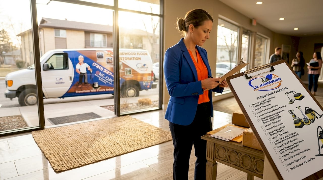 Property manager reviewing floor care checklist