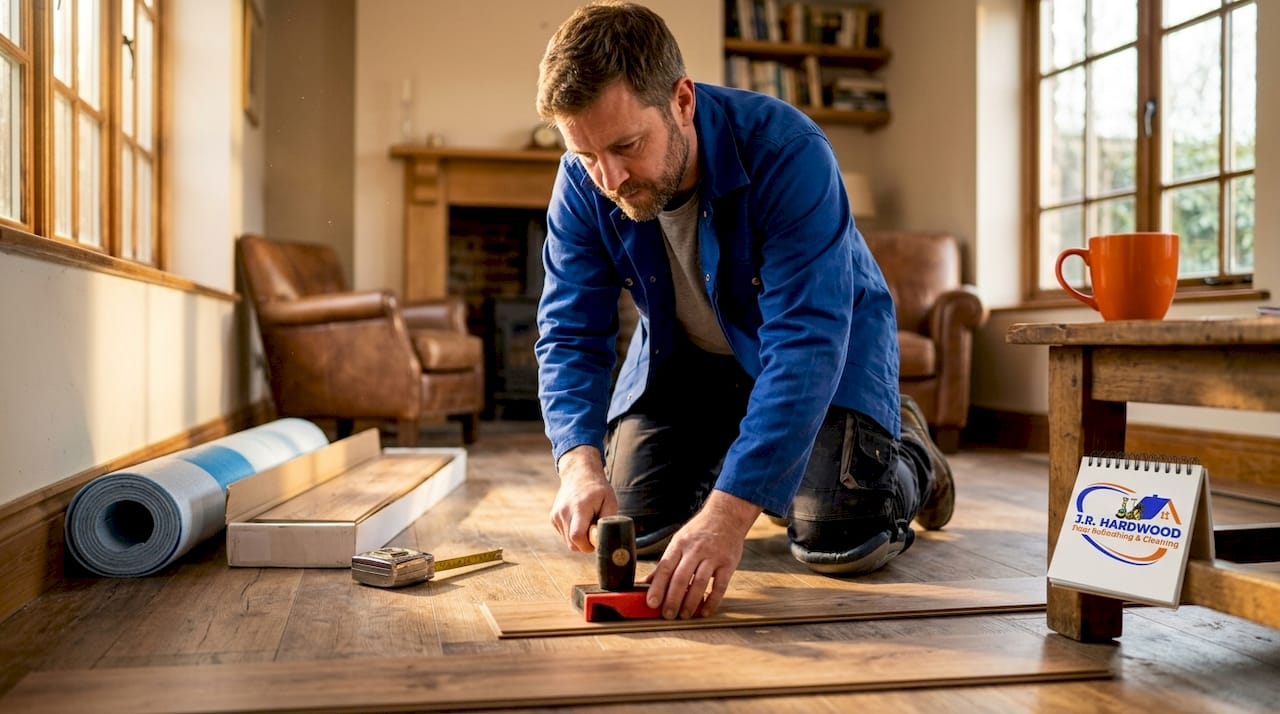 Homeowner installing laminate flooring in living room
