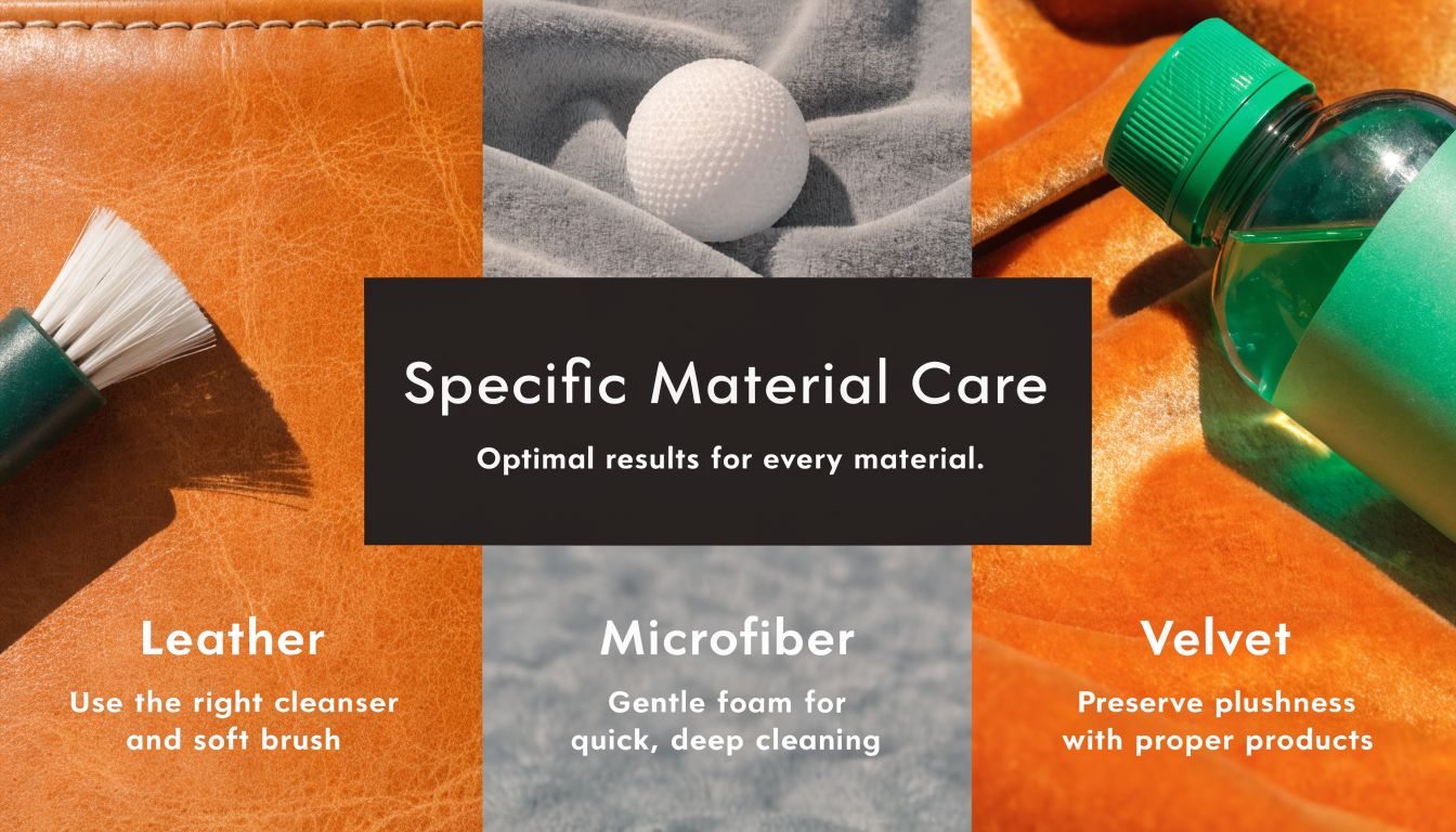 A graphic demonstrating specific cleaning care instructions for leather, microfiber, and velvet furniture materials.