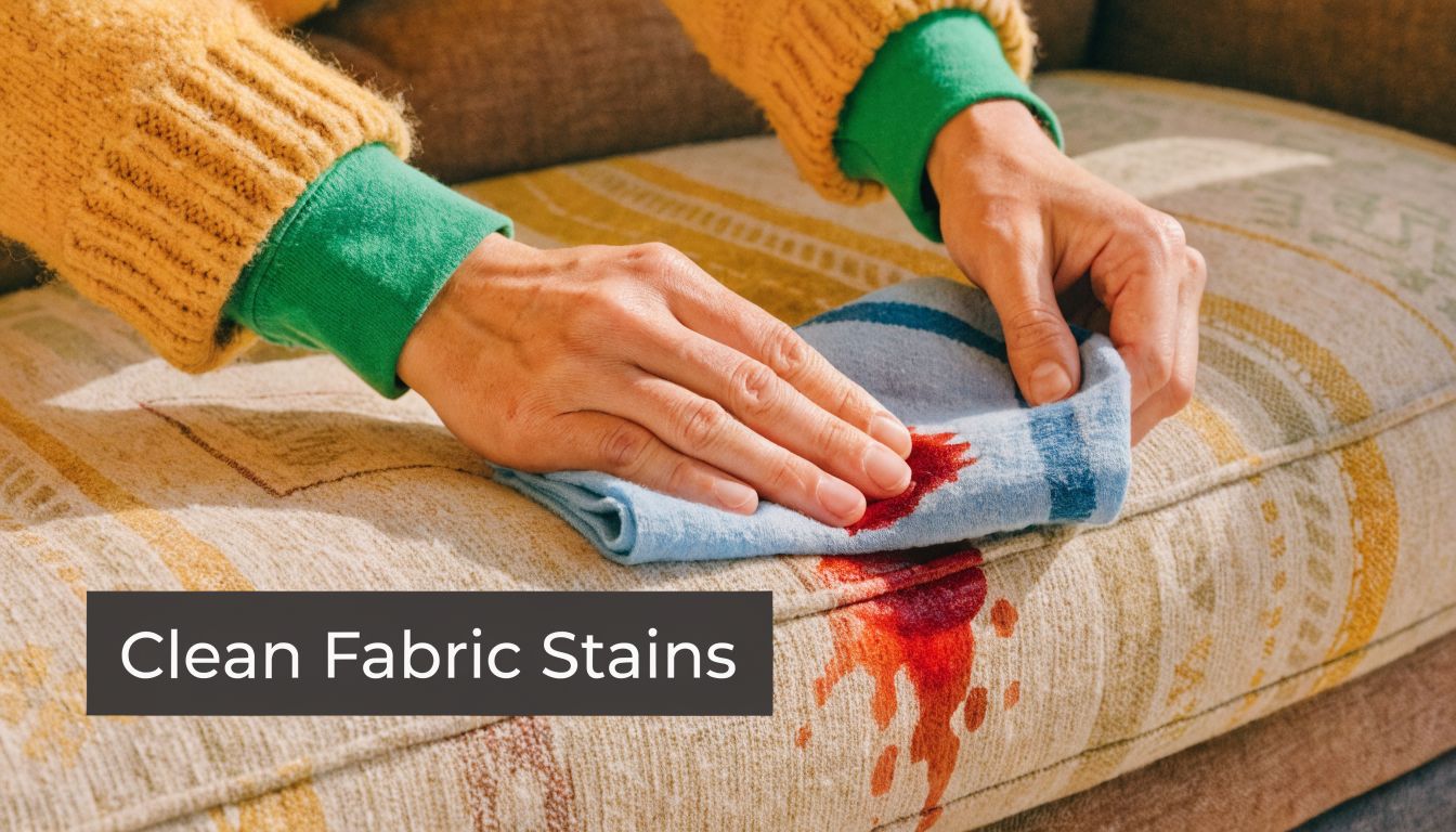 A person uses a light blue towel to clean a red blood stain off a fabric couch.