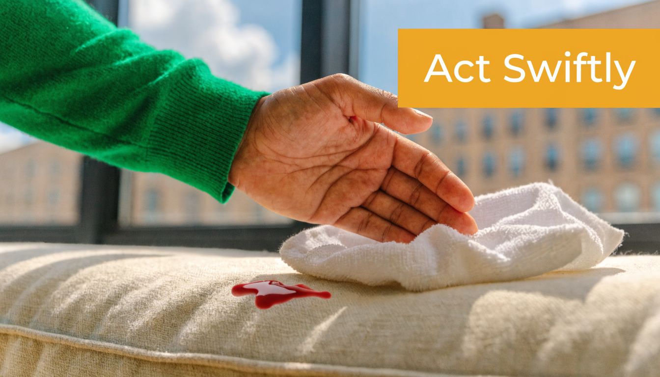 A person using a white cloth to quickly clean a red stain from a light-colored couch cushion.