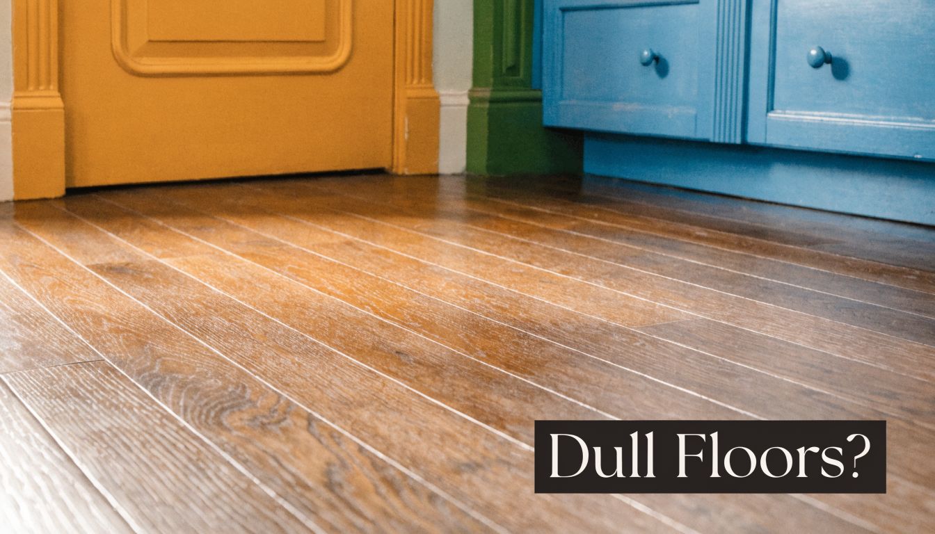 A close-up of worn, dull hardwood flooring in a room with a yellow door and blue cabinetry.