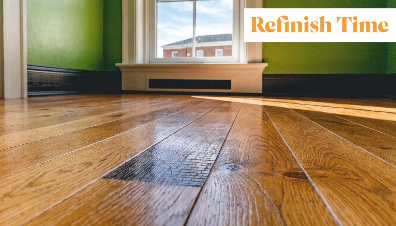 A close-up view of worn natural hardwood flooring in a room with bright green walls and windows.