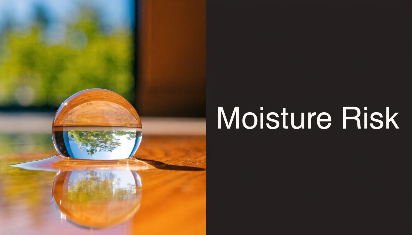 A crystal sphere reflecting a forest scene resting on a reflective hardwood floor indicating moisture risk.