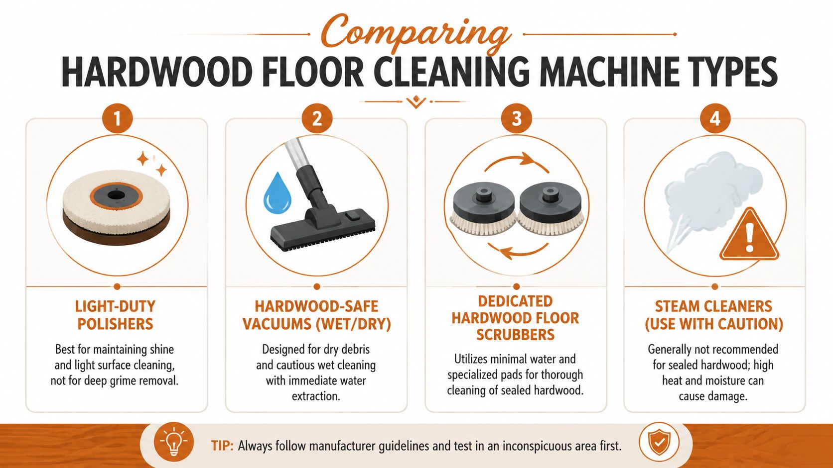 An infographic comparing four types of machines for cleaning hardwood floors, including polishers, vacuums, scrubbers, and steamers.