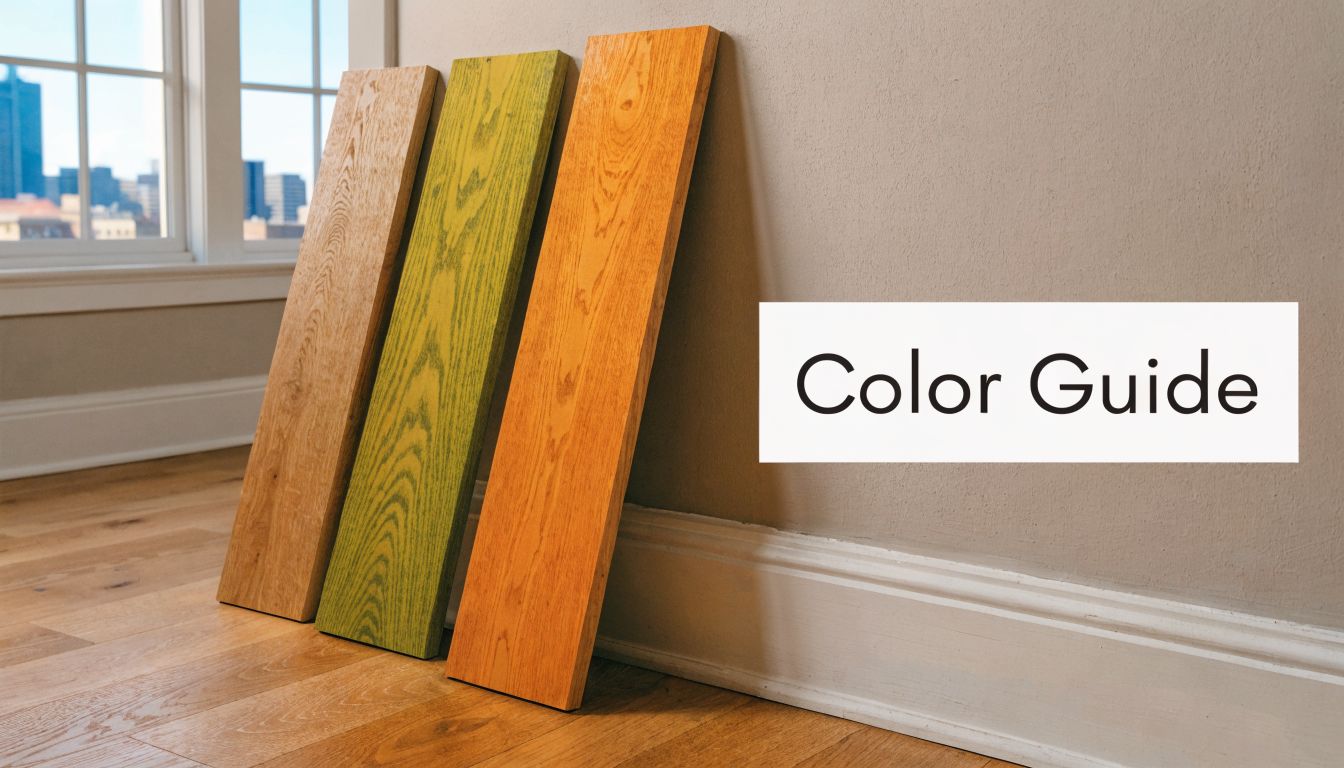 Three wooden boards in light oak, moss green, and orange stained finishes leaning against a light beige wall.