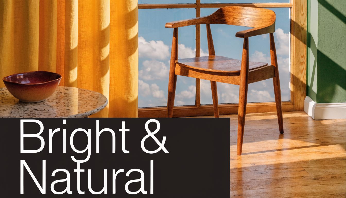 A modern wooden chair placed by a sunny window with yellow curtains and hardwood floors.