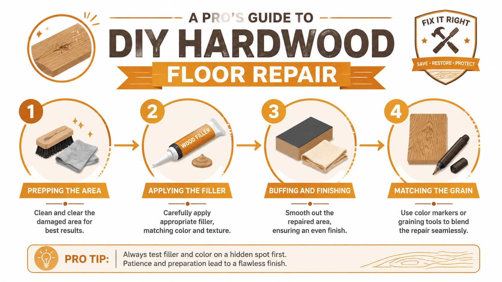A four-step infographic illustrating how to perform DIY hardwood floor repair using filler and coloring tools.