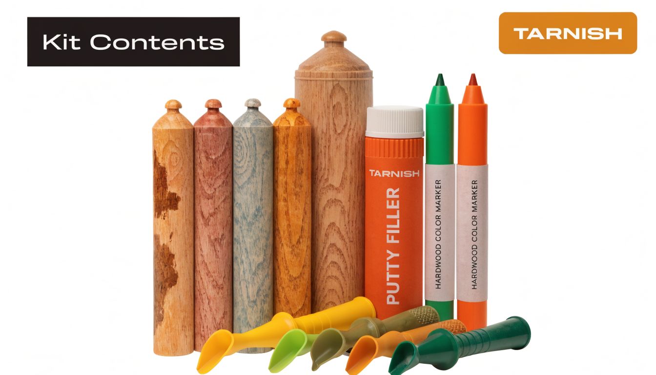 A professional hardwood floor repair kit featuring various wood-colored filler sticks, markers, and specialized plastic tools.