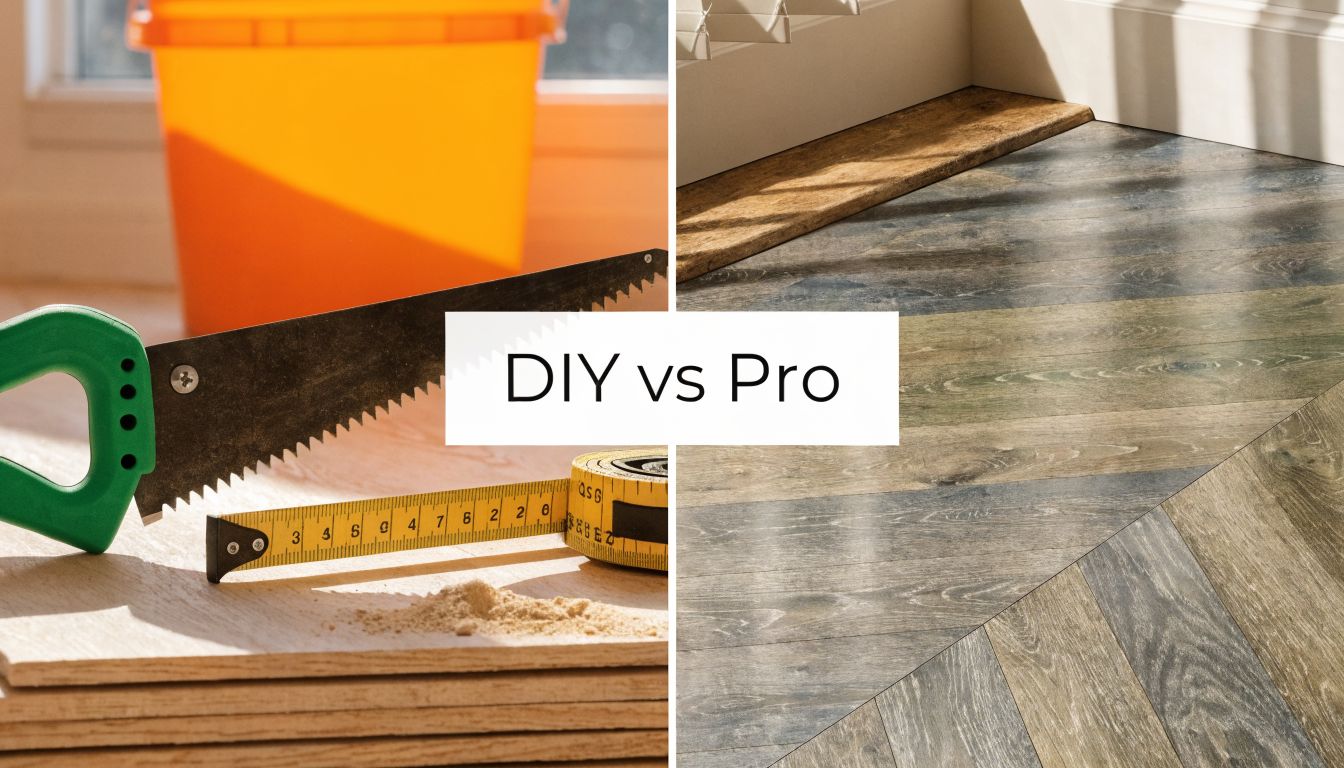 A split screen comparing DIY wood floor installation tools with a professional finished laminate floor.