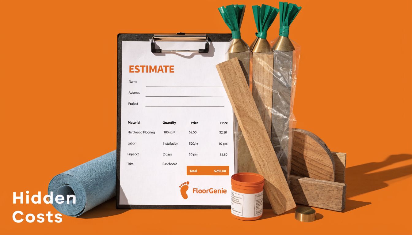 A clipboard with a flooring estimate sits beside wood samples and construction materials on orange background.