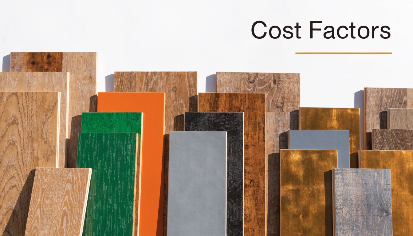 A collection of various laminate flooring samples in different wood tones, colors, and textures arranged side-by-side.