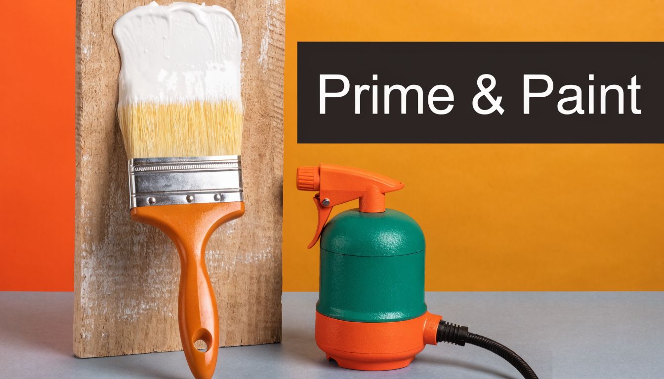 A paintbrush with white paint on a wooden plank next to a handheld electric paint sprayer.