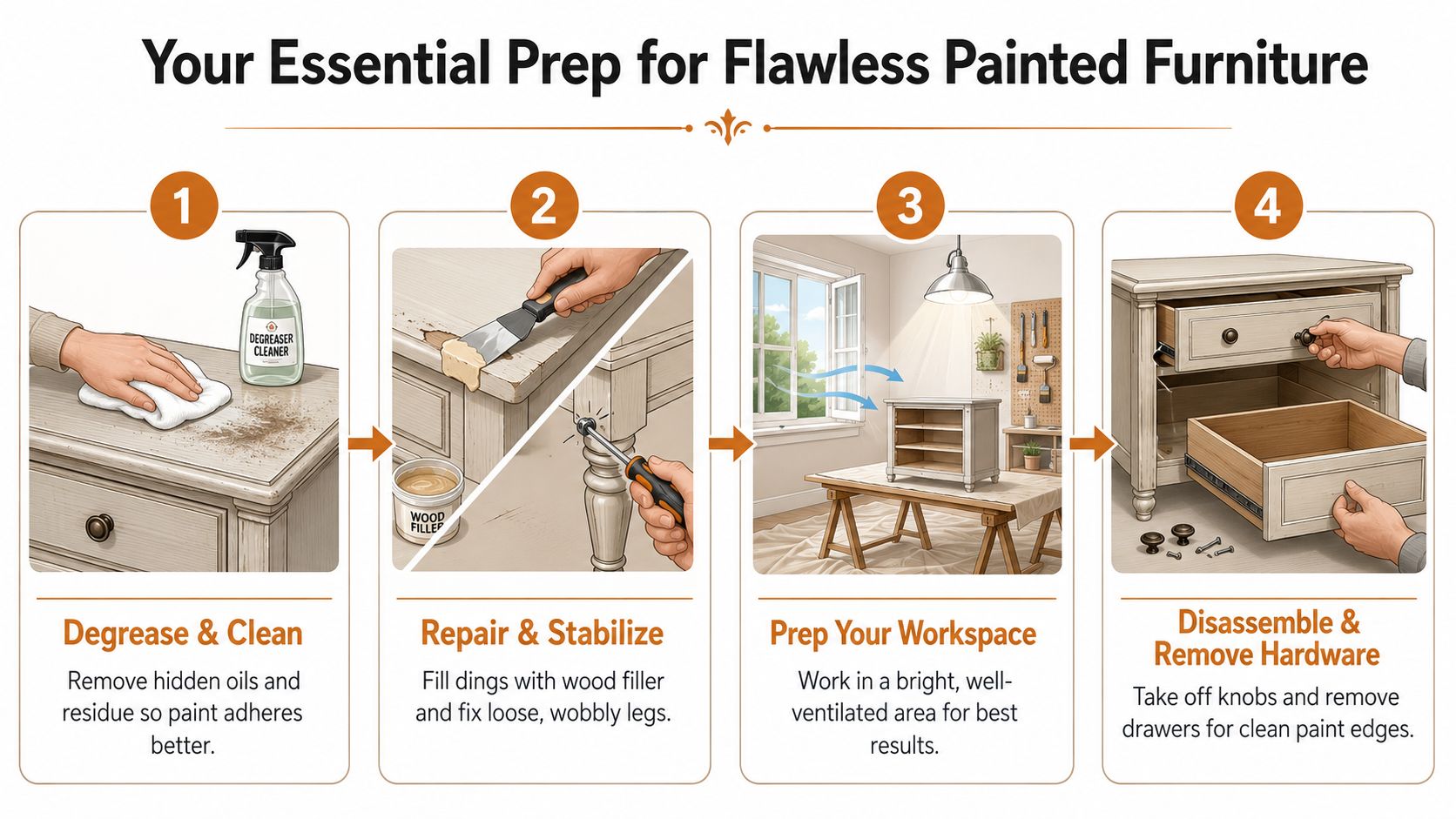 A four-step infographic guide demonstrating how to prepare wooden furniture for painting, cleaning, repairing, and disassembling.