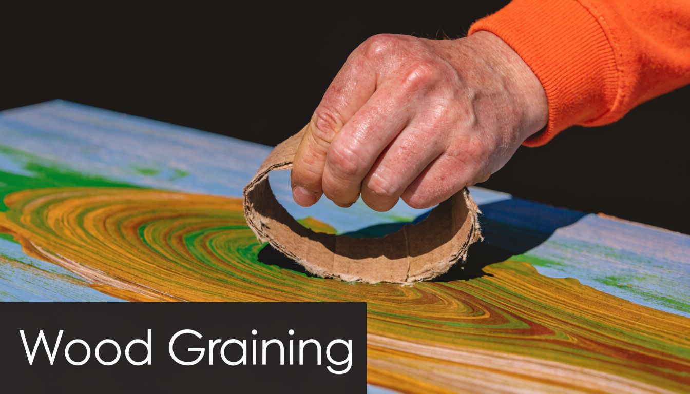 A hand using a piece of cardboard to create faux wood grain patterns on painted furniture.