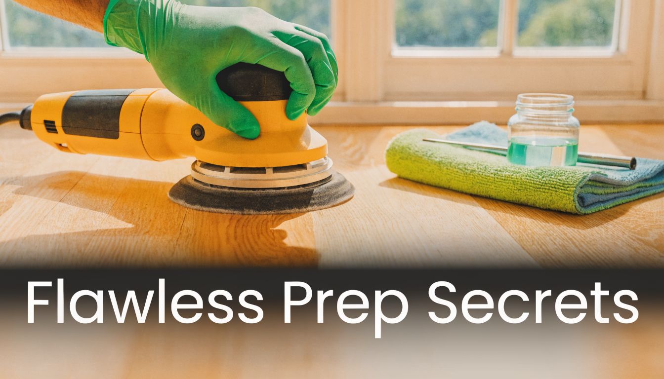 A gloved hand uses a power sander on light hardwood flooring to prepare it for refinishing.