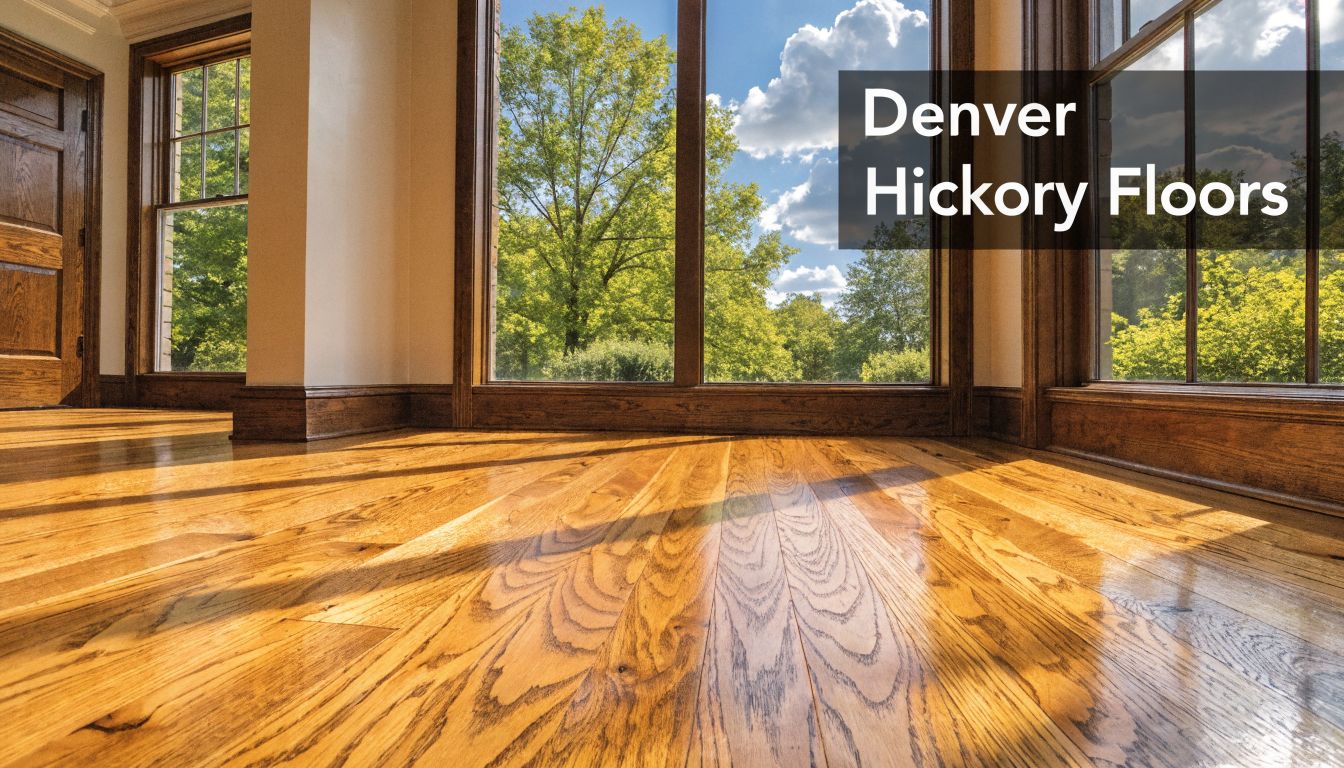 Sunlit room featuring beautifully polished and stained hickory wood floors with large windows showing green trees.